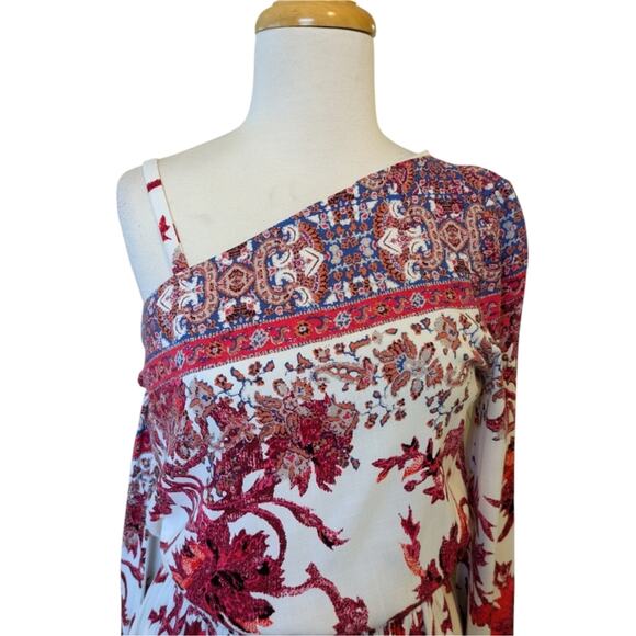 Free People Nomad Dress XS Red Cream One Shoulder Mini Bell Festival Party - Picture 5 of 9